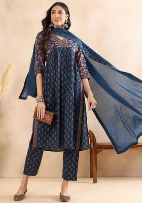 Blue Printed Cotton Anarkali Set