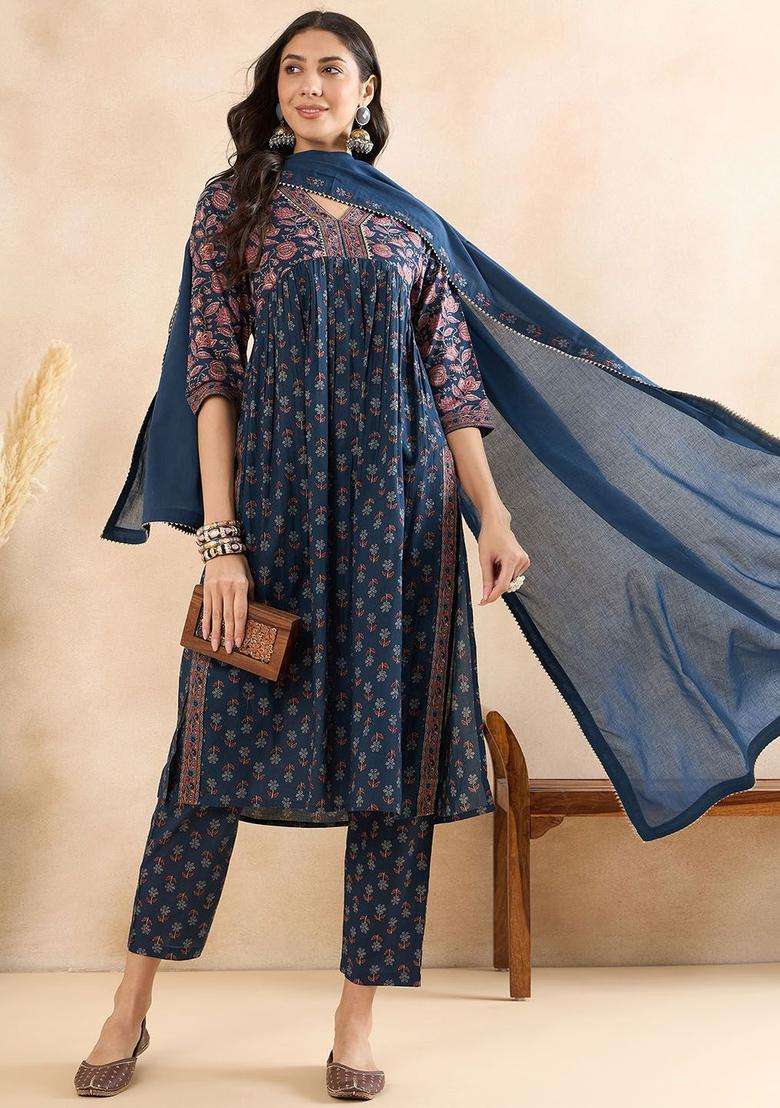 Blue Printed Cotton Anarkali Set - Indya