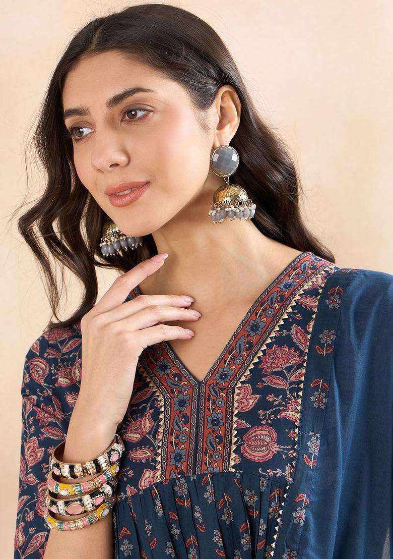 Blue Printed Cotton Anarkali Set - Indya