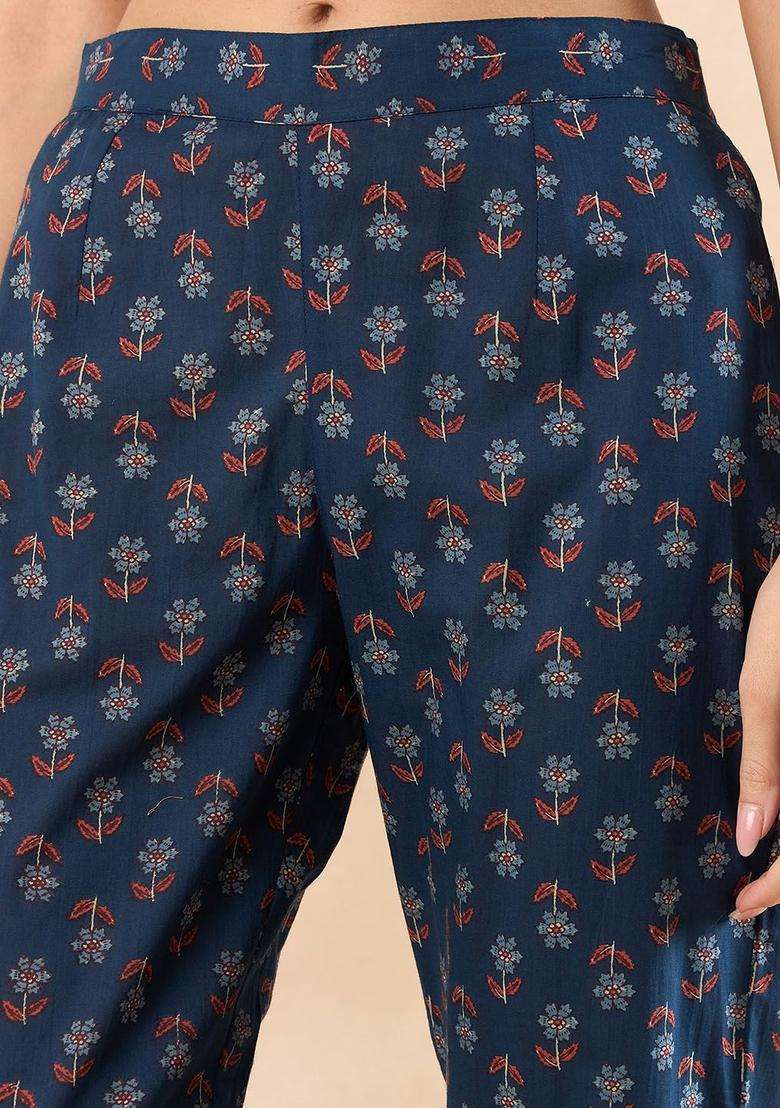 Blue Printed Cotton Anarkali Set - Indya