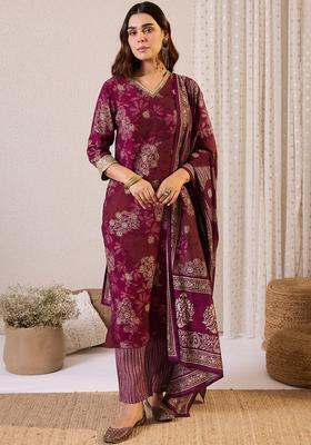 Burgundy Printed Silk Kurta Set