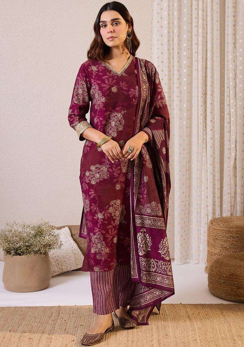 Burgundy Printed Silk Blend Kurta Set - Indya