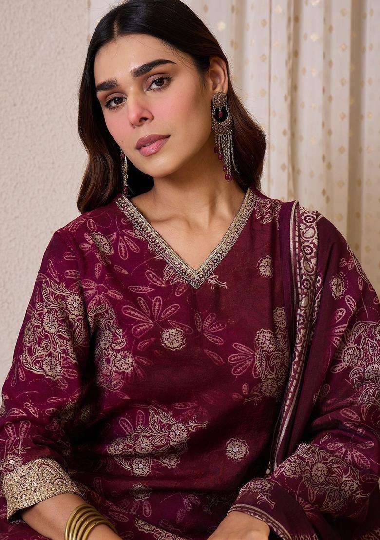 Burgundy Printed Silk Blend Kurta Set - Indya
