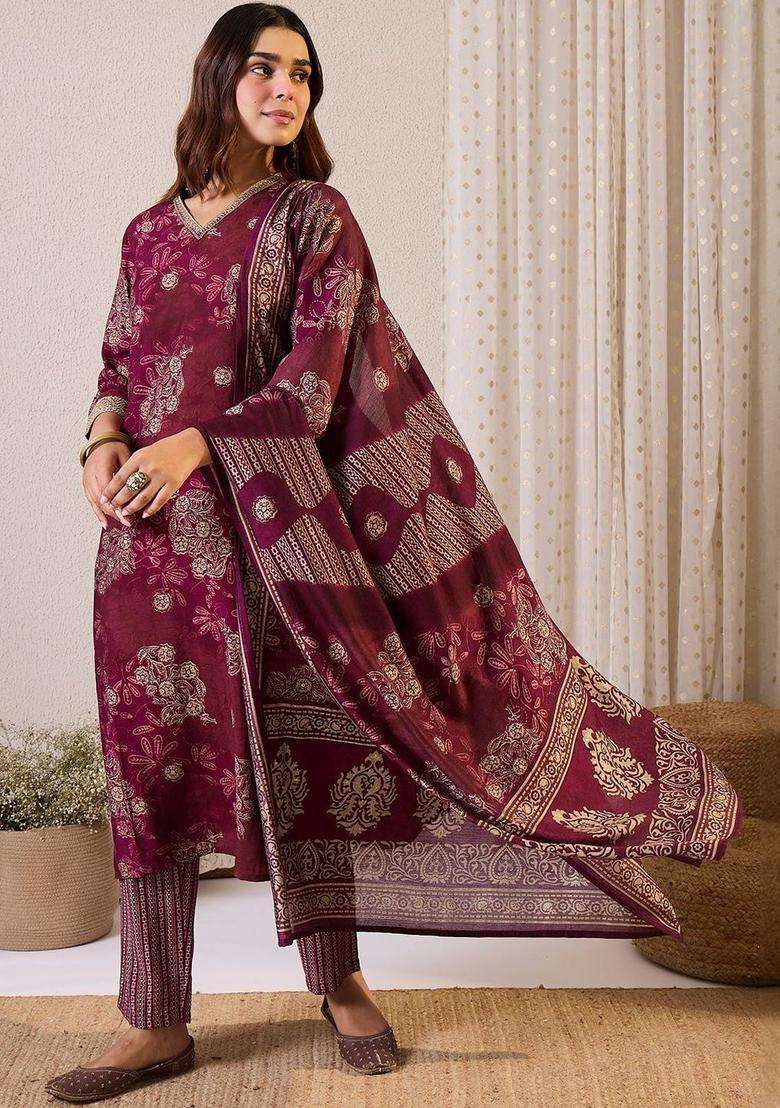 Burgundy Printed Silk Blend Kurta Set - Indya