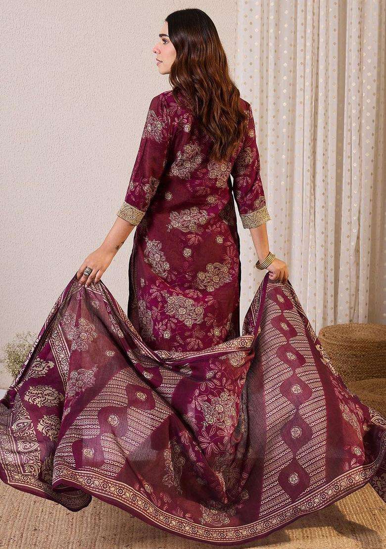 Burgundy Printed Silk Blend Kurta Set - Indya