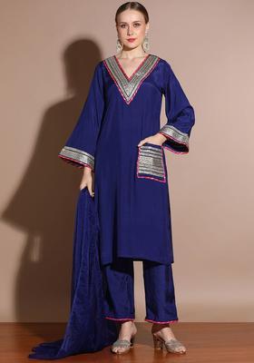 Navy Blue Solid Silk Blend Kurta Set