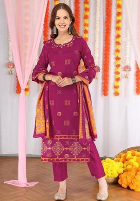 Magenta Printed Cotton Kurta Set