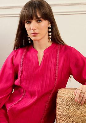 Pink Self Design Silk Blend Kurta Set