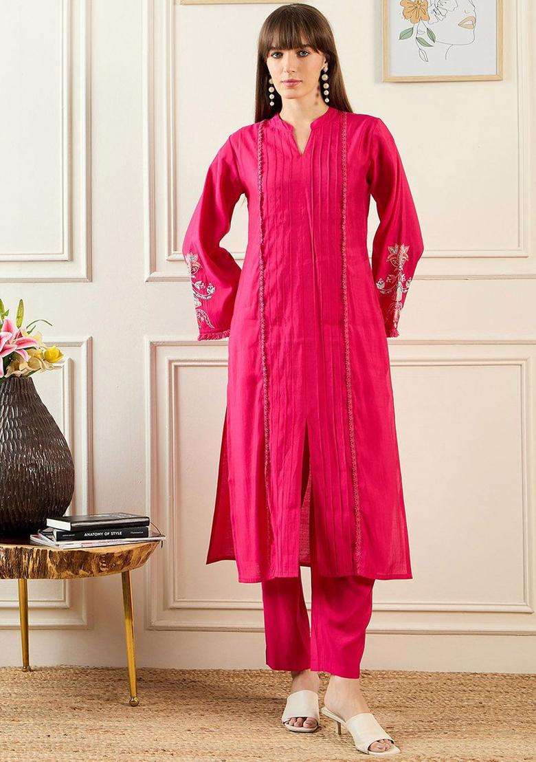 Pink Self Design Silk Blend Kurta Set - Indya