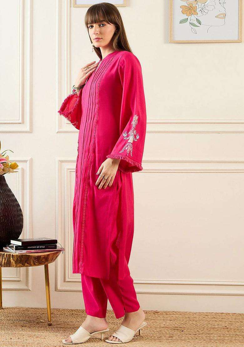 Pink Self Design Silk Blend Kurta Set - Indya