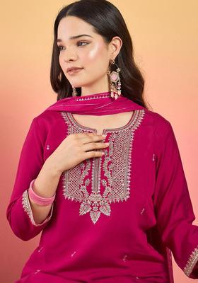 Magenta Embroidered Silk Kurta Set