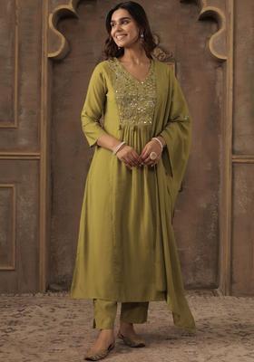 Olive Embroidered Silk Blend Kurta Set