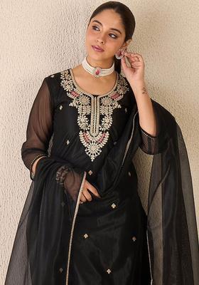 Black Embroidered Net Kurta Set