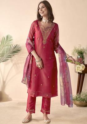 Fuchsia Embroidered Organza Kurta Set