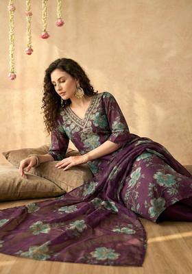 Purple Printed Viscose Kurta Set