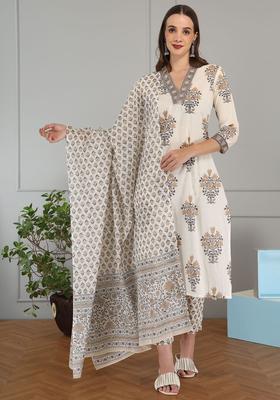 Beige Printed Cotton Kurta Set