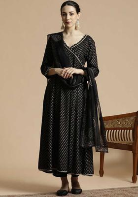Black Printed Viscose Anarkali Set