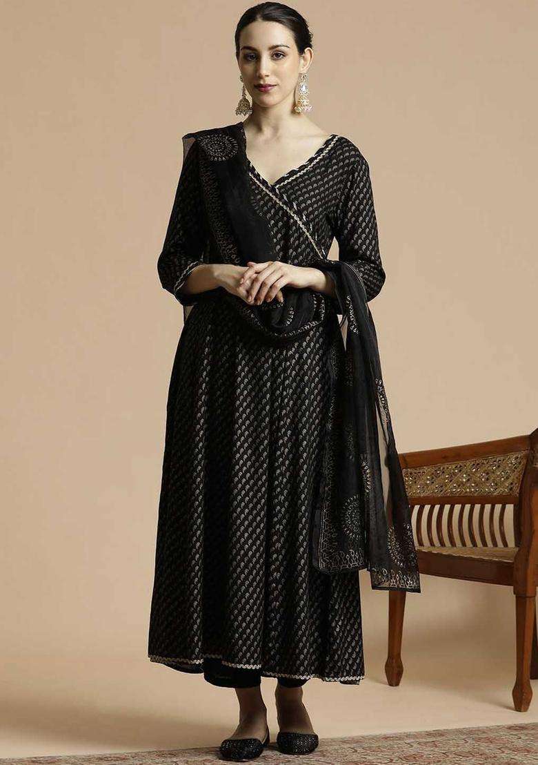 Black Printed Viscose Anarkali Set - Indya