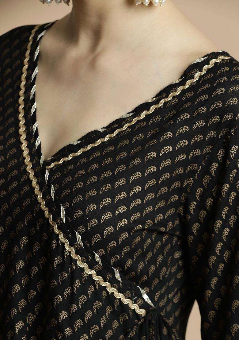 Black Printed Viscose Anarkali Set - Indya