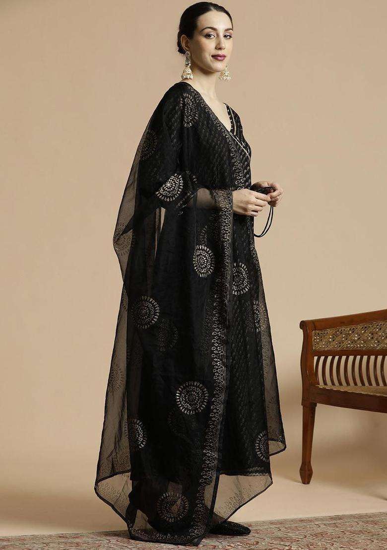 Black Printed Viscose Anarkali Set - Indya