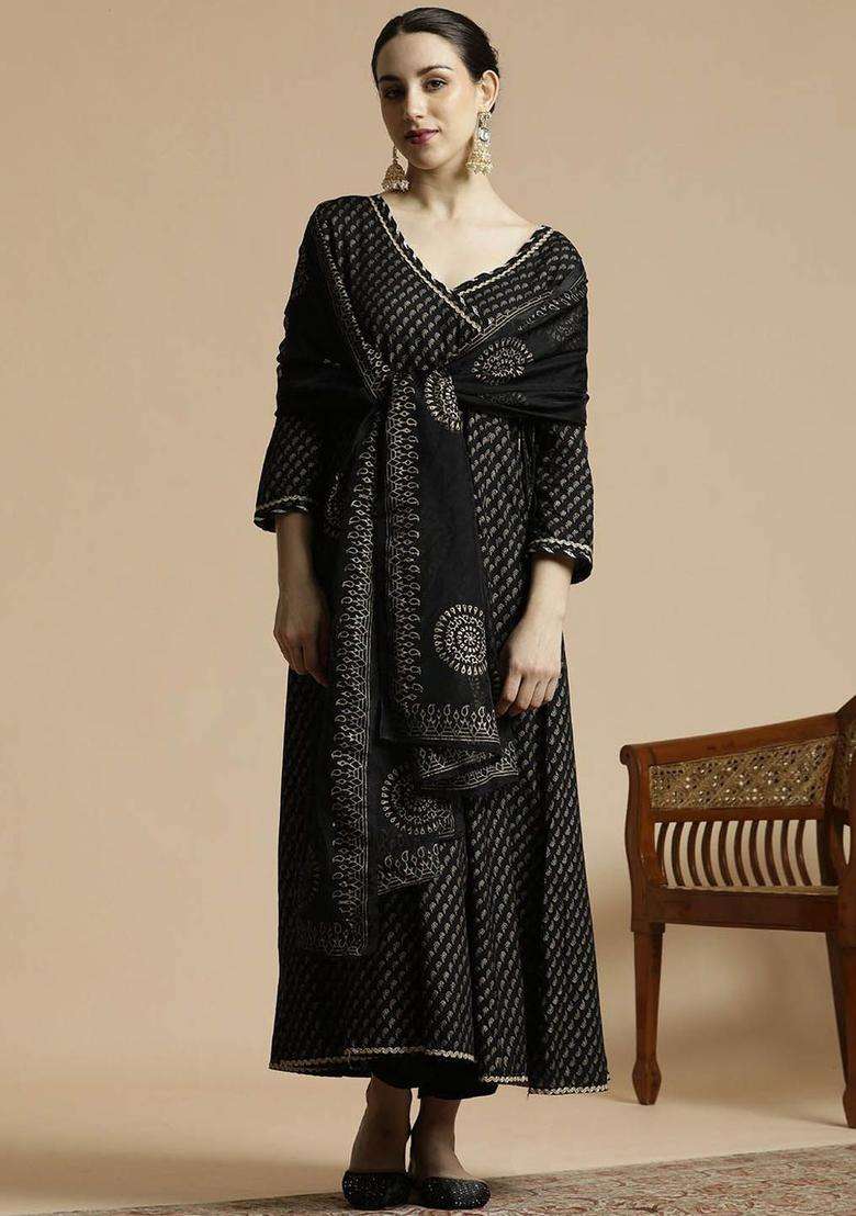 Black Printed Viscose Anarkali Set - Indya