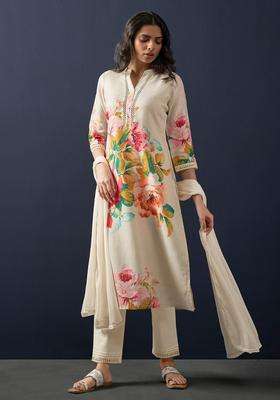 Off White Printed Linen Kurta Set