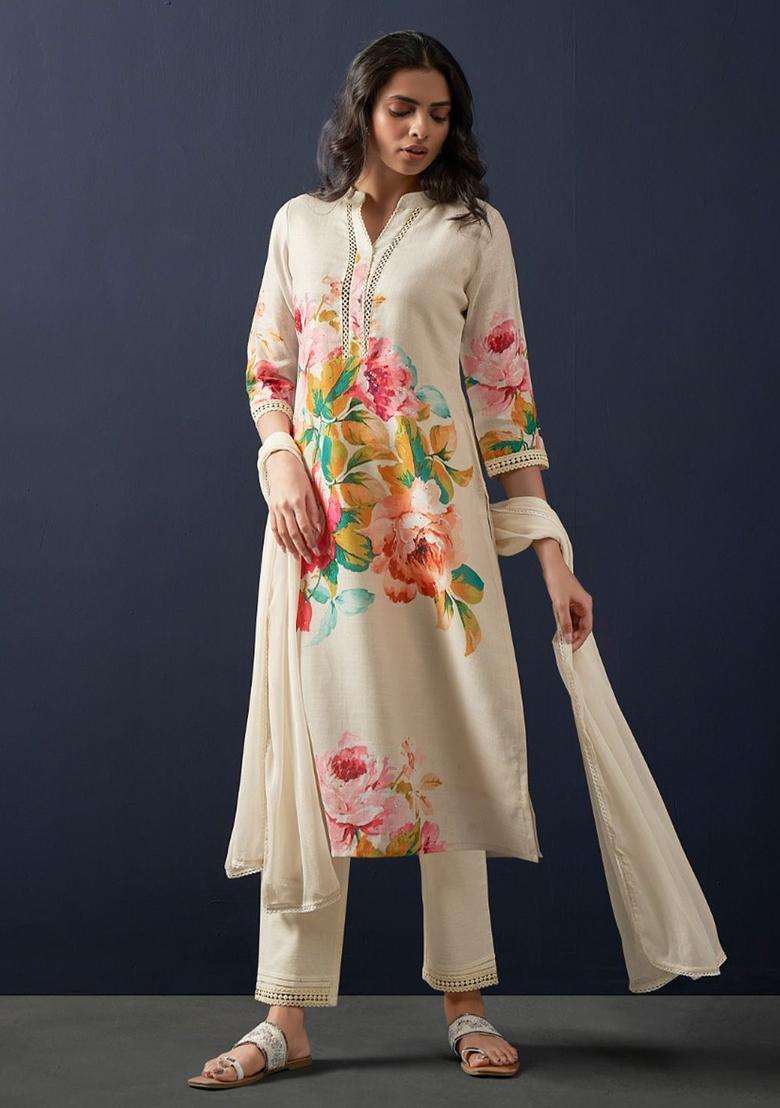Off White Printed Linen Kurta Set - Indya