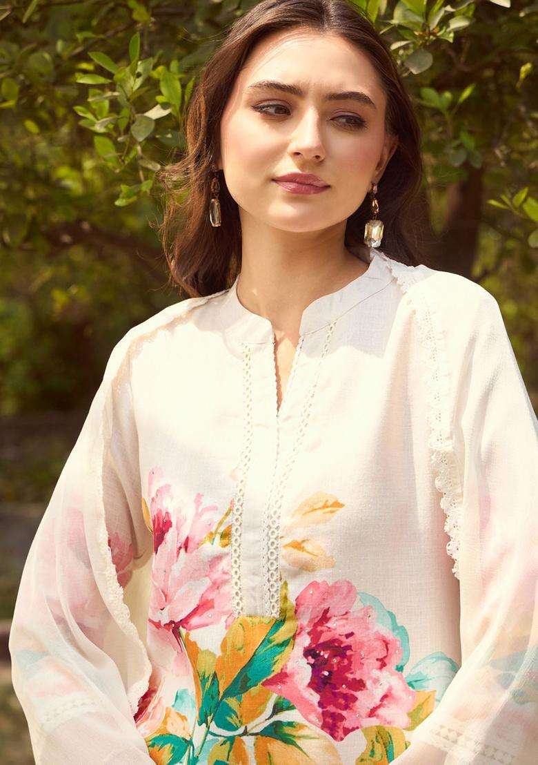 Off White Printed Linen Kurta Set - Indya