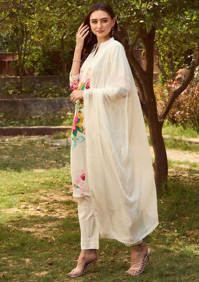 Off White Printed Linen Kurta Set - Indya