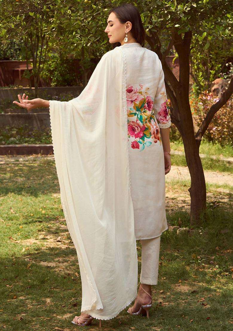 Off White Printed Linen Kurta Set - Indya