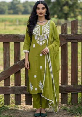 Lime Green Embroidered Cotton Kurta Set