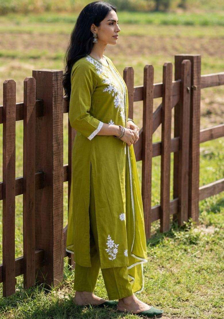 Lime Green Embroidered Cotton Kurta Set - Indya