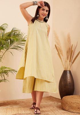 Yellow Striped Viscose Kurta Set
