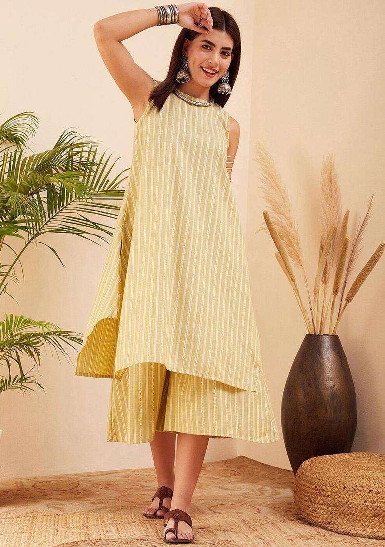 Yellow Striped Viscose Kurta Set - Indya