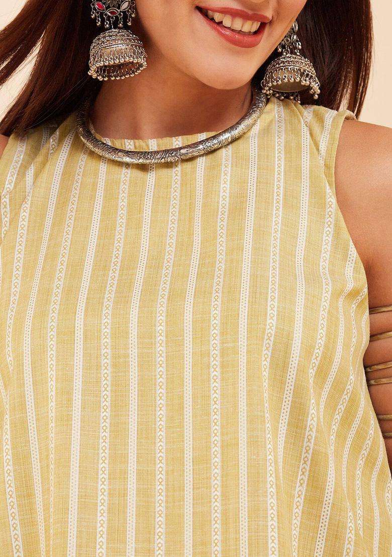 Yellow Striped Viscose Kurta Set - Indya