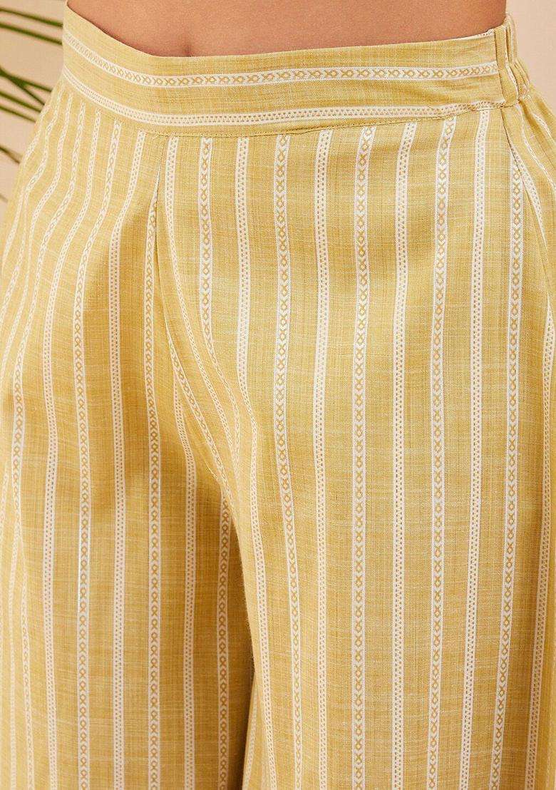 Yellow Striped Viscose Kurta Set - Indya