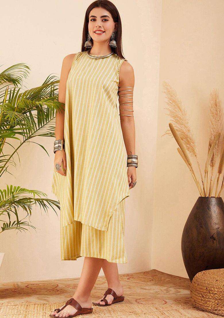 Yellow Striped Viscose Kurta Set - Indya