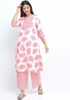 Off White Printed Polyester Kurta Set