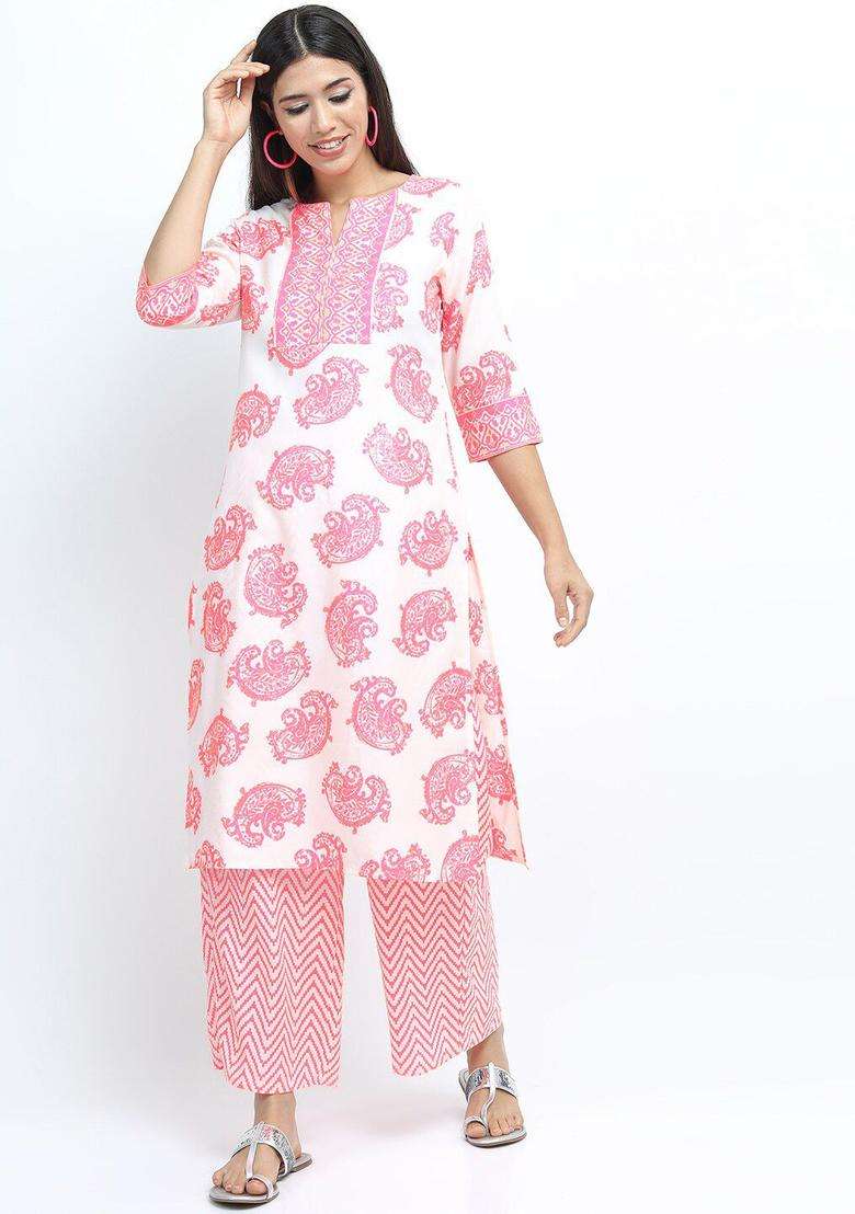 Off White Printed Polyester Kurta Set - Indya