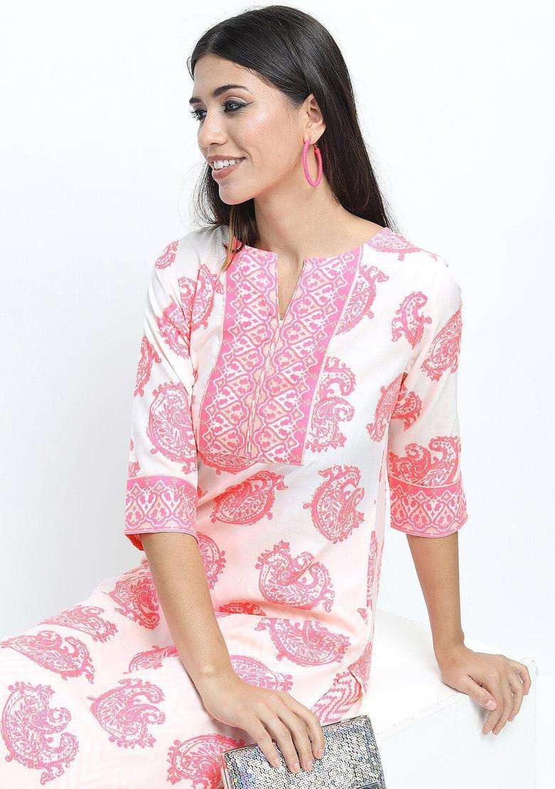 Off White Printed Polyester Kurta Set - Indya