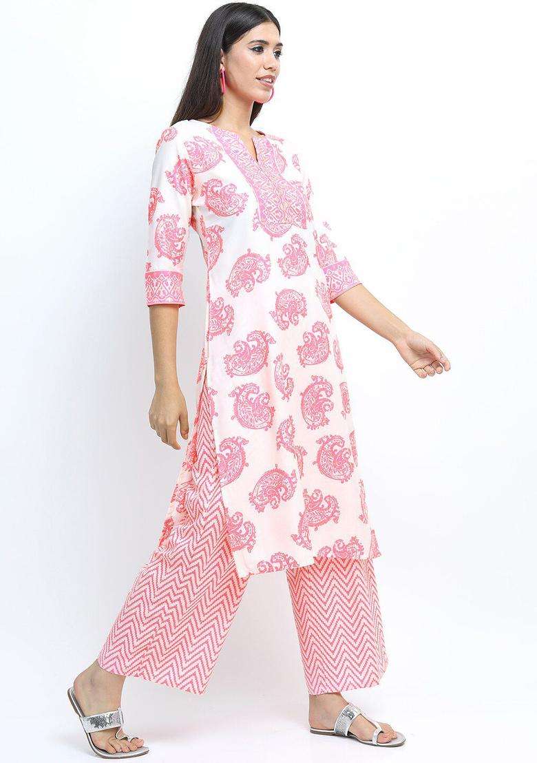 Off White Printed Polyester Kurta Set - Indya