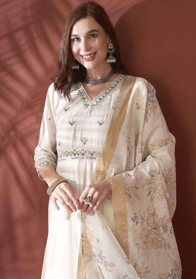 White Embroidered Silk Blend Anarkali Set - Indya