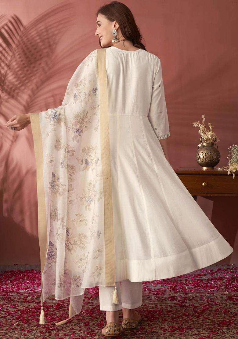 White Embroidered Silk Blend Anarkali Set - Indya