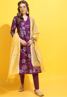 Purple Printed Viscose Kurta Set