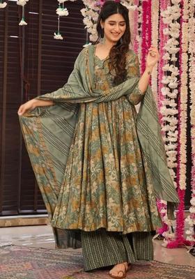 Olive Printed Viscose Kurta Set