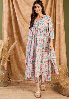 Peach Printed Cotton Kurta Set