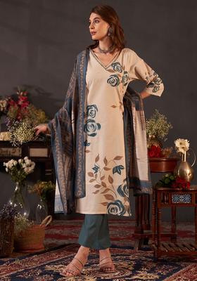 Cream Printed Cotton Kurta Set