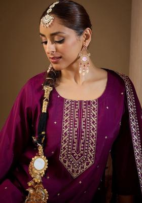 Burgundy Embroidered Silk Blend Kurta Set