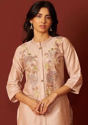 Beige Embroidered Cotton Kurta Set