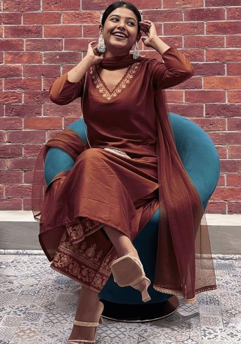 Maroon Embroidered Silk Kurta Set